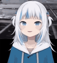 a girl with white hair and blue eyes is smiling .