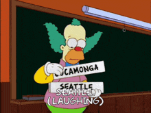 a cartoon character holding a sign that says seattle laughing