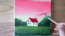 a painting of a white house with a red roof made by chloe nite