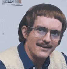 a man with glasses and a mustache is wearing a vest and a blue shirt .
