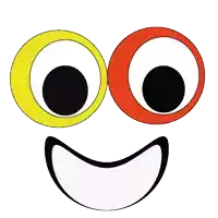 a smiling face with yellow and red eyes and a black mouth