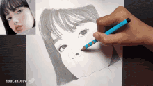 a person is drawing a woman 's face with a blue pencil that says prisma