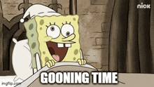 a cartoon of spongebob laying in bed with the words going time written below him