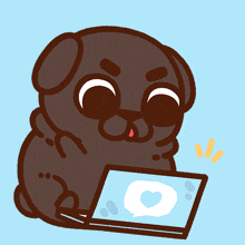 a cartoon of a pug using a laptop with a heart on it