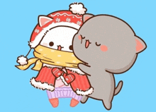 a cartoon cat is hugging another cat who is wearing a scarf and gloves