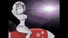 a cartoon of a woman wearing a helmet with cccp written on it