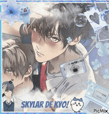 a picture of a boy with a camera and the words skylar de kyo on the bottom