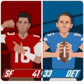 a cartoon drawing of two football players with sf 41 33 det written below them