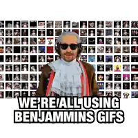 a man in a costume with the words we 're all using benjamin 's gifs below him