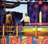 a man stands on a stage in front of a sign that says ' rang to '