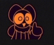 a cartoon owl with orange eyes is giving a thumbs up .