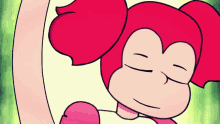 a cartoon character with pink hair is sleeping with her eyes closed .
