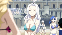 a woman in a bikini stands in front of a crowd of people