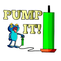a blue frog is pumping a green object with the words pump it