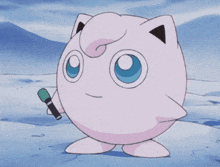 a cartoon character is singing into a microphone in the snow
