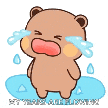 a cartoon bear is crying with tears coming out of his eyes and the words `` my years are flowing '' .