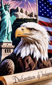 a bald eagle holds a declaration of independence in front of the statue of liberty