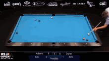 a pool table with a blue cloth that says usa open on it