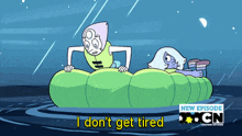 a cartoon of pearl and blue sapphire with the words i don 't get tired