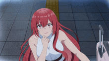 a girl with red hair and a white shirt is standing next to a pink suitcase