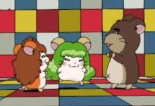 a cartoon of three hamsters standing next to each other on a checkered floor