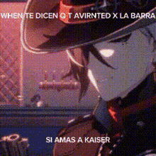 a pixelated image of a person wearing a hat and a mask with the words `` si amas a kaiser '' .