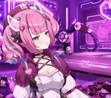 a girl with pink hair and purple eyes stands in front of a purple background with a sign that says for you