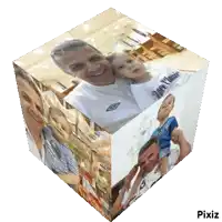 a cube with a picture of a man holding a child and another picture of a man holding another child