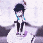 a girl in a maid outfit is kneeling down
