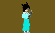 a cartoon character with black hair and a blue dress is standing on a brown background