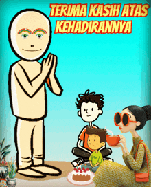 a cartoon of a woman holding a cup of tea with the words terima kasih atas kehadirannya below her