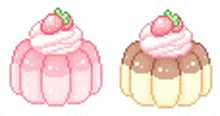 a pixel art illustration of a pudding with strawberries on top .