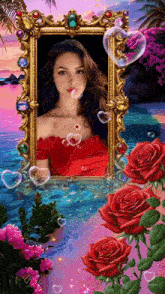a woman in a red dress is surrounded by red roses and bubbles