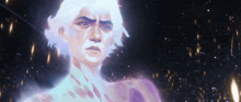 a painting of a woman with white hair and a purple glowing chest