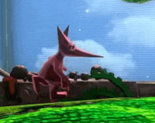 a cartoon fox with a long nose is sitting on a rock in a green field .