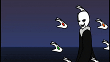 a cartoon drawing of a skeleton surrounded by multicolored hands