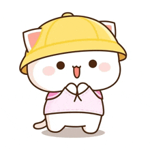 a cartoon cat wearing a yellow hat and a pink shirt is making a heart shape with its hands
