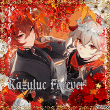 a picture of two anime characters with the words " kazuluc forever " on the bottom