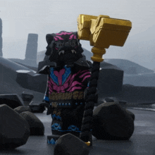 a lego figure with a hammer and a tiger mask