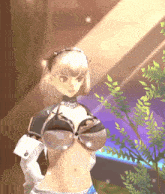 a woman in a bra and shorts is standing in front of a plant