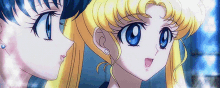 two anime girls are standing next to each other