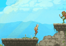 a pixel art drawing of a man jumping over a cliff