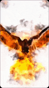 a painting of an eagle with its wings outstretched surrounded by flames