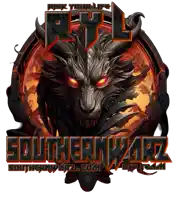 a logo for southernwarz has a wolf with red eyes