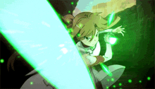 a girl is holding a green sword in her hand and a green light is coming out of her hand .