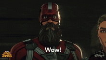 a cartoon of a man with a beard and the words wow on his chest