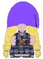 a pixel art of a gnome wearing a purple hat and a christmas sweater