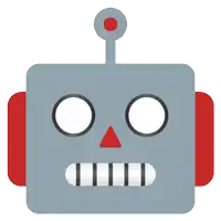 a cartoon drawing of a robot with blue eyes and a red button