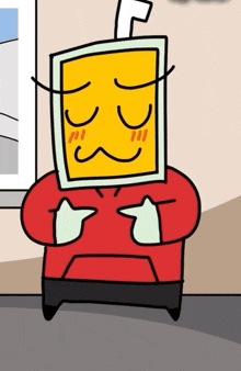 a cartoon character with a yellow head and a red hoodie