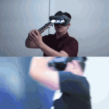 a man is wearing a virtual reality headset and holding a gun